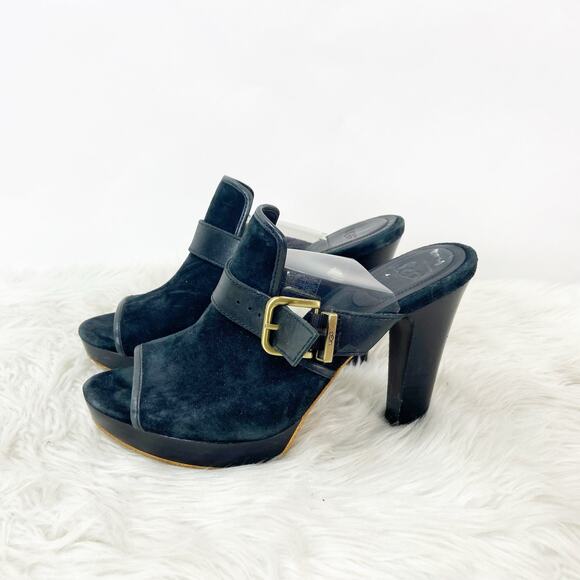 Ugg 8.5 Womens Black Suede Leather Karlee Slide Mule Stack Heels Peep Toe Buckle - Picture 5 of 12